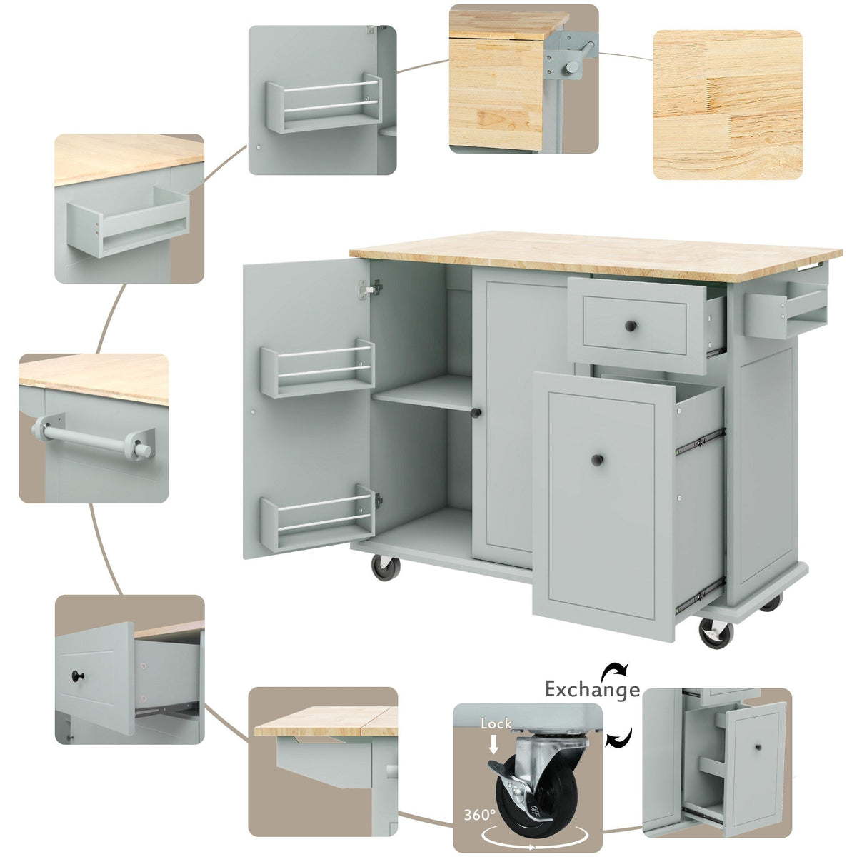 Xspracer Gray Mdf Base with Wood Top Rolling Kitchen Island (29-in x 54-in x 37-in)