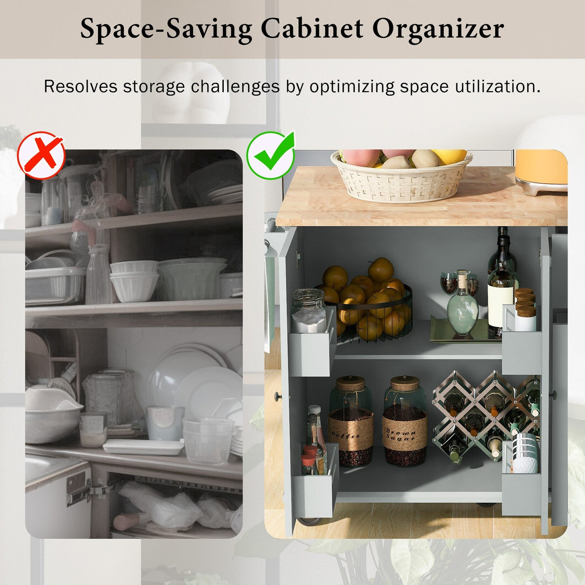 Xspracer Gray Mdf Base with Wood Top Rolling Kitchen Island (29-in x 54-in x 37-in)