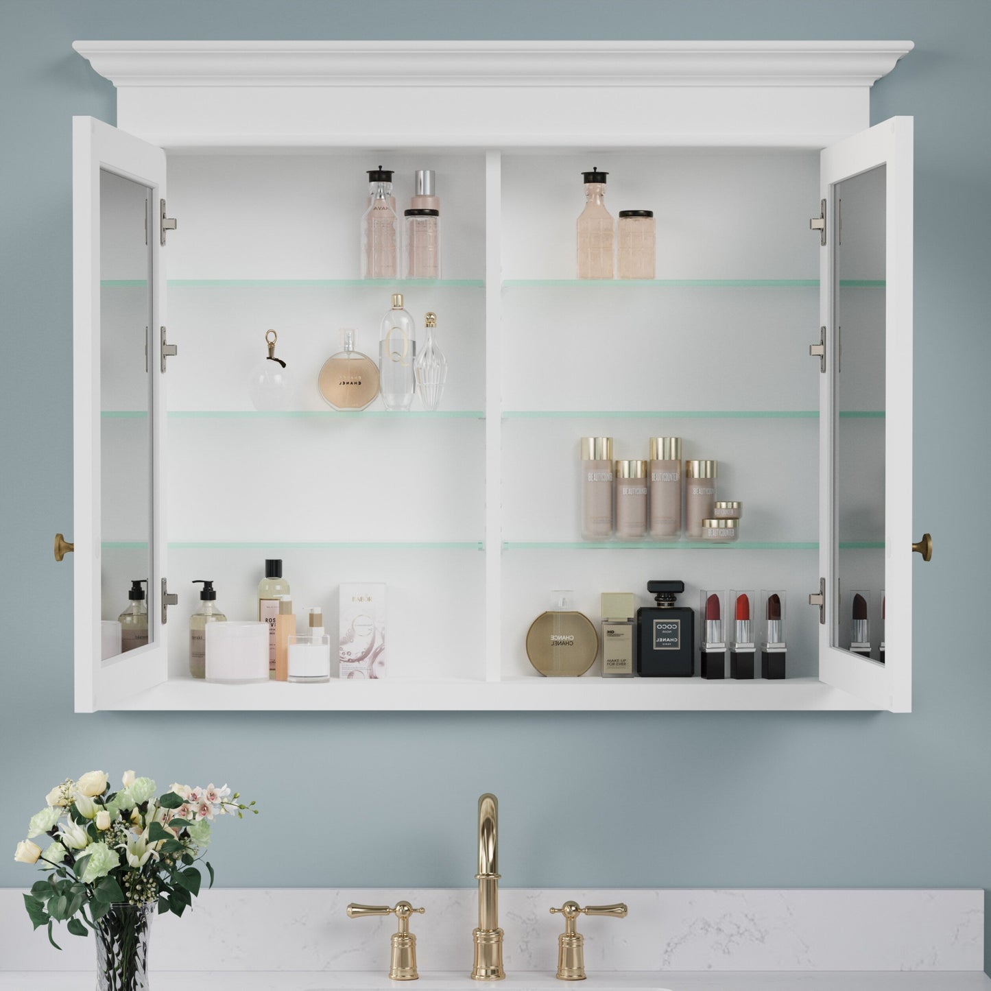 Forclover Solid Wood 40-in x 32-in Recessed Mount White Mirrored Soft Close Medicine Cabinet