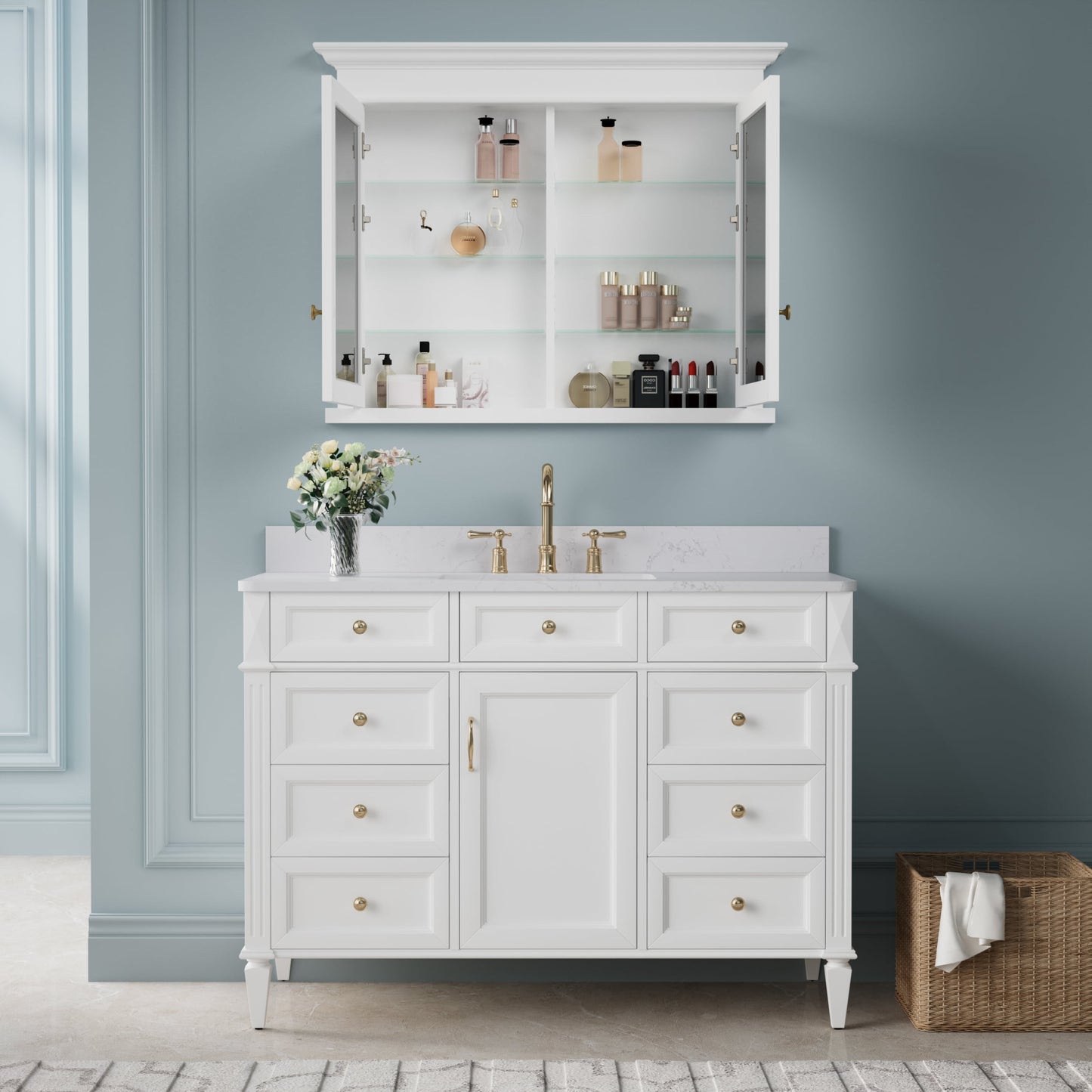 Forclover Solid Wood 40-in x 32-in Recessed Mount White Mirrored Soft Close Medicine Cabinet
