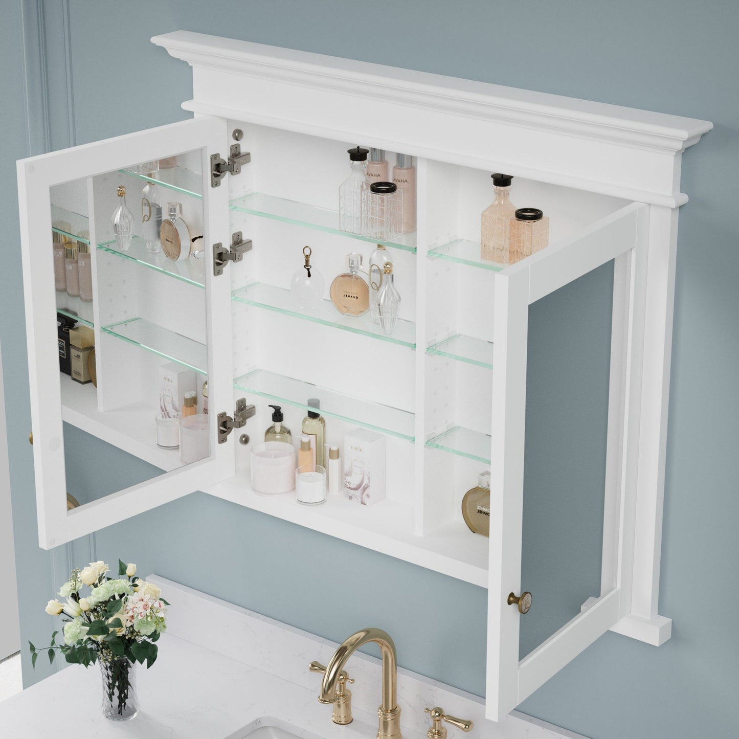 Forclover Solid Wood 40-in x 32-in Recessed Mount White Mirrored Soft Close Medicine Cabinet
