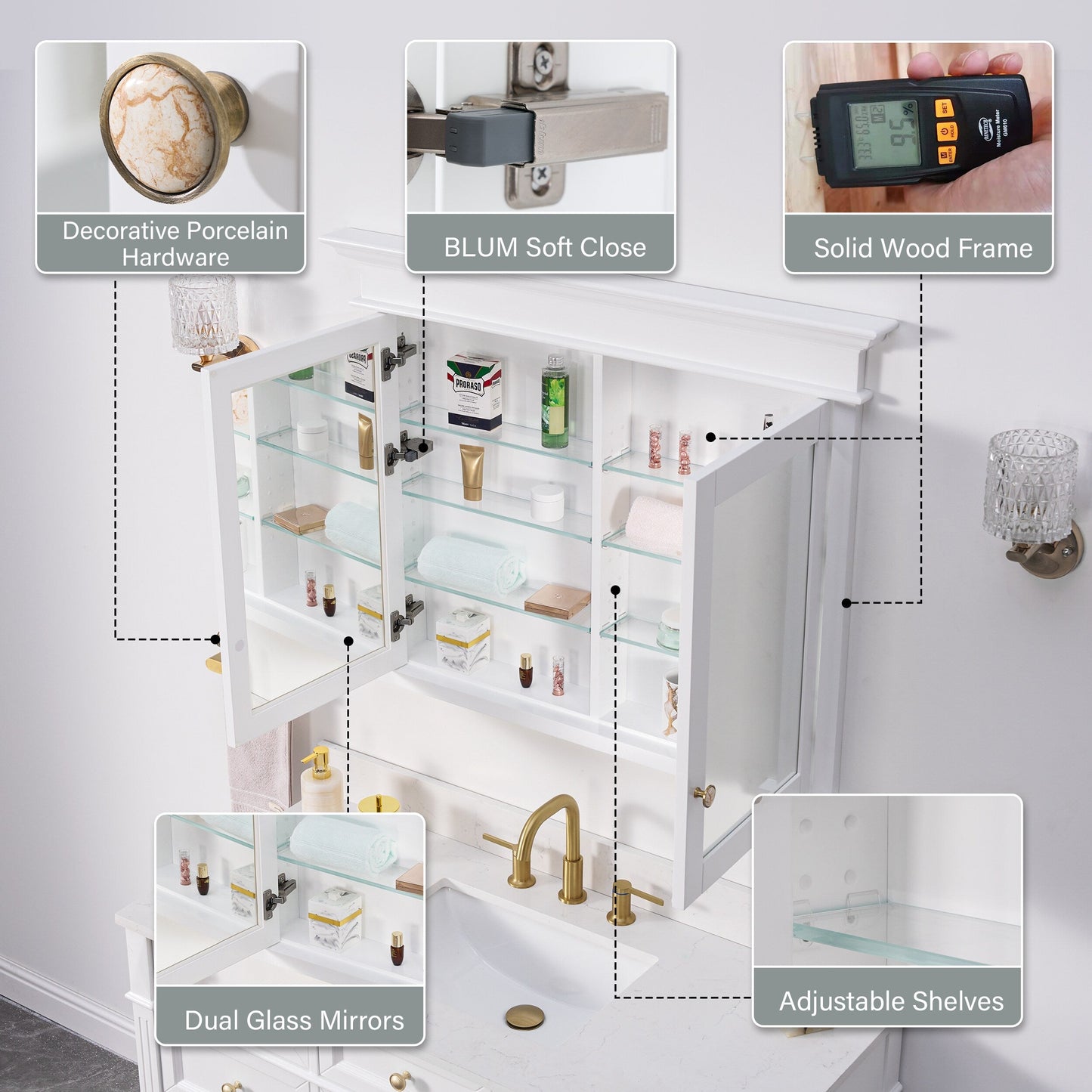 Forclover Solid Wood 40-in x 32-in Recessed Mount White Mirrored Soft Close Medicine Cabinet