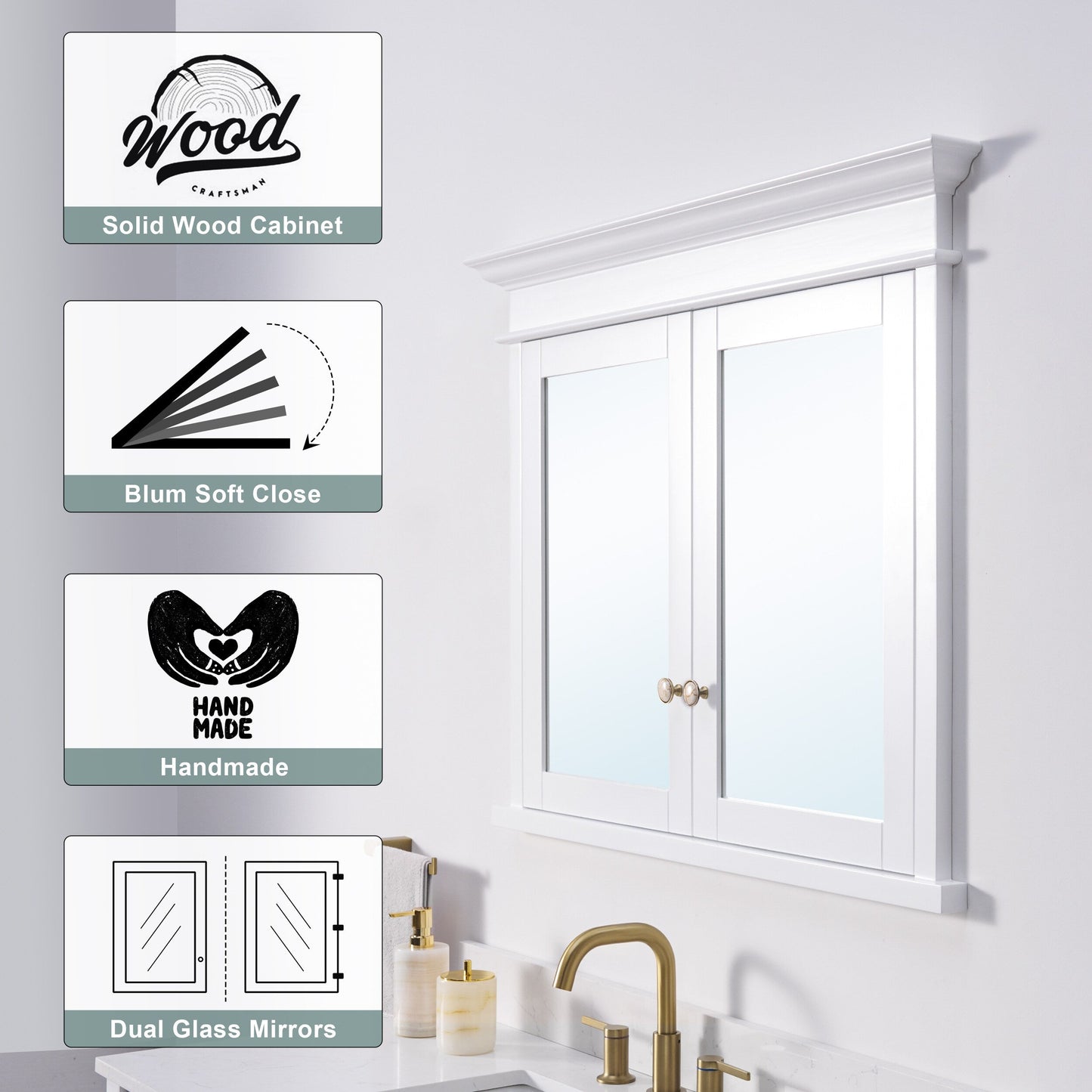 Forclover Solid Wood 40-in x 32-in Recessed Mount White Mirrored Soft Close Medicine Cabinet