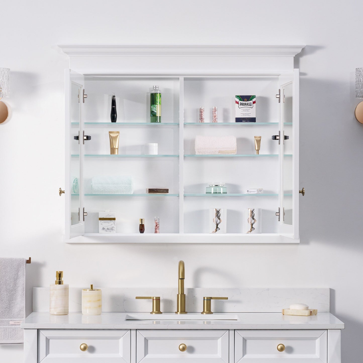 Forclover Solid Wood 40-in x 32-in Recessed Mount White Mirrored Soft Close Medicine Cabinet