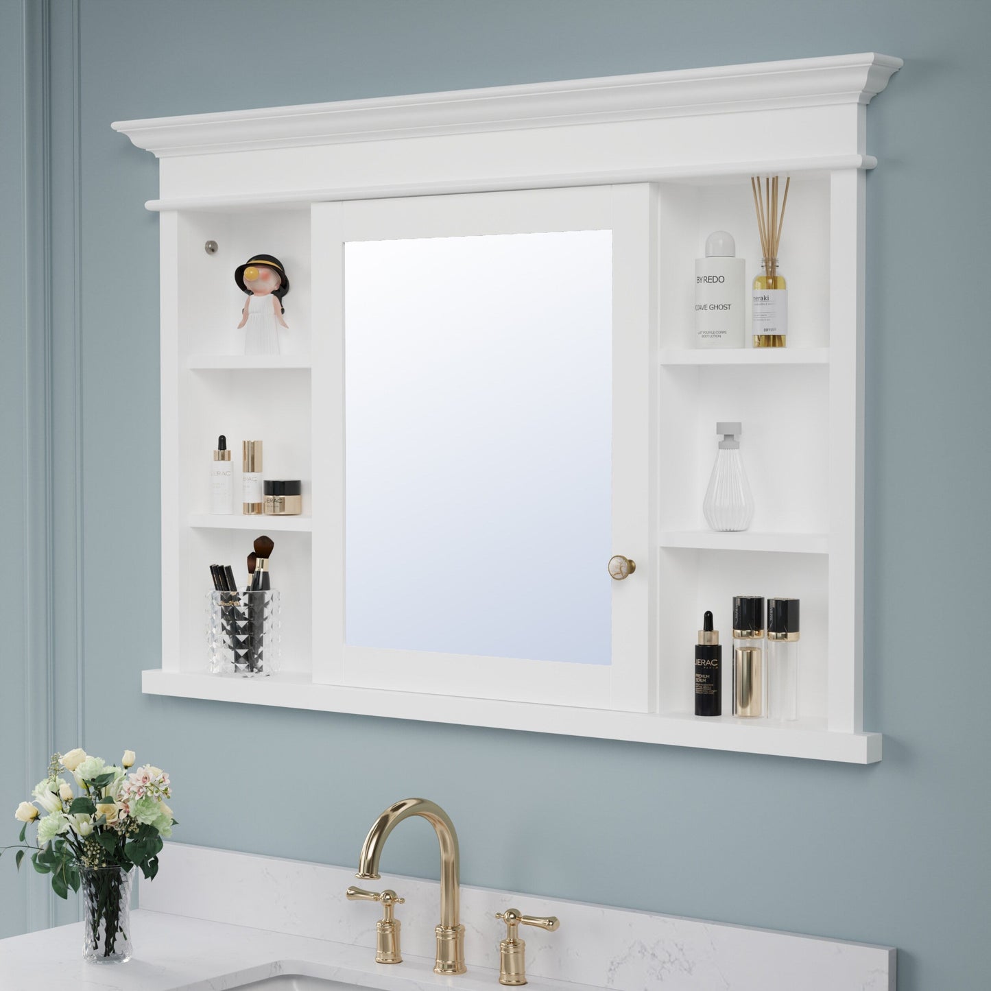 Forclover Solid Wood 48-in x 32-in Recessed Mount White Mirrored Soft Close Medicine Cabinet