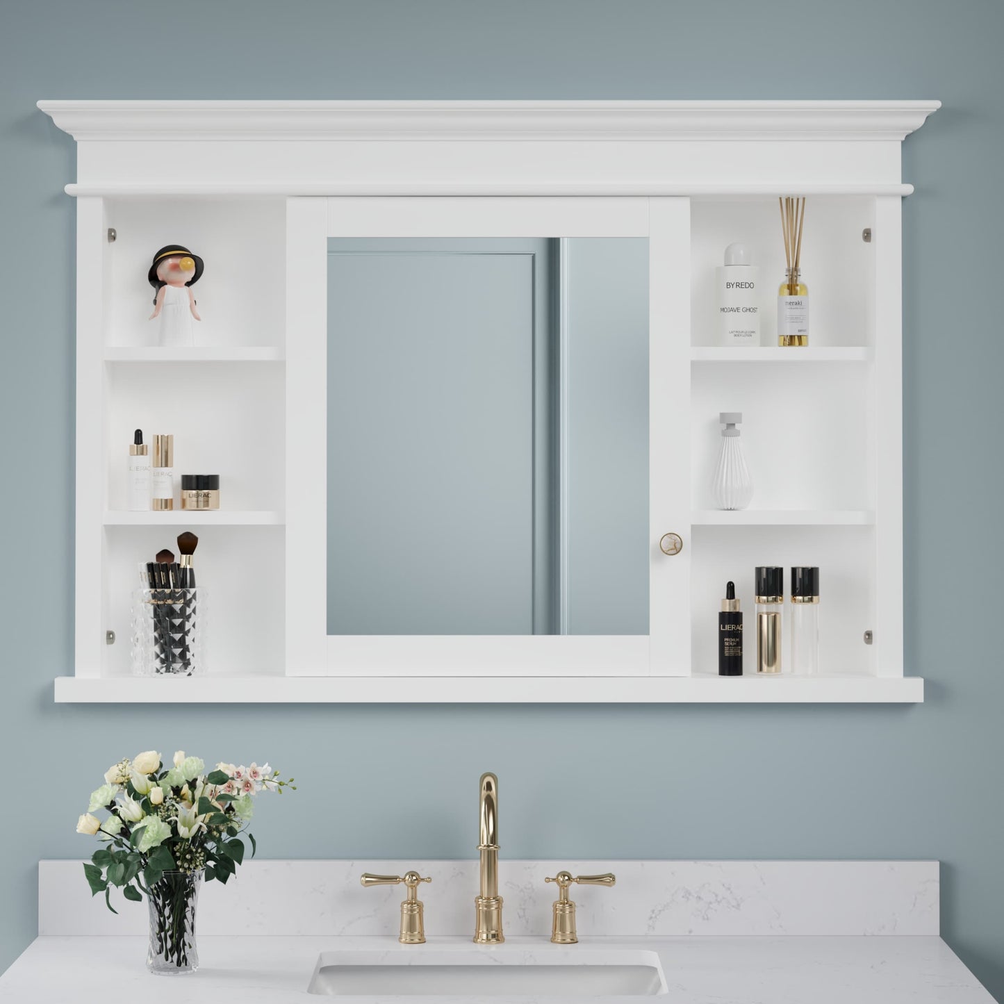 Forclover Solid Wood 48-in x 32-in Recessed Mount White Mirrored Soft Close Medicine Cabinet