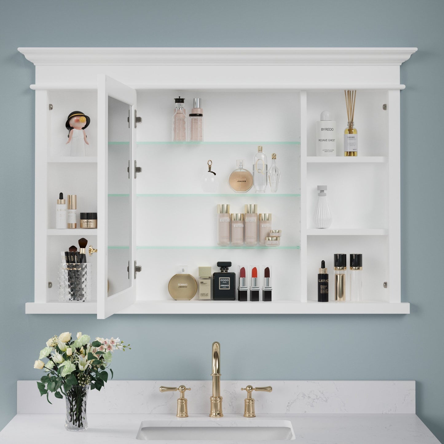 Forclover Solid Wood 48-in x 32-in Recessed Mount White Mirrored Soft Close Medicine Cabinet