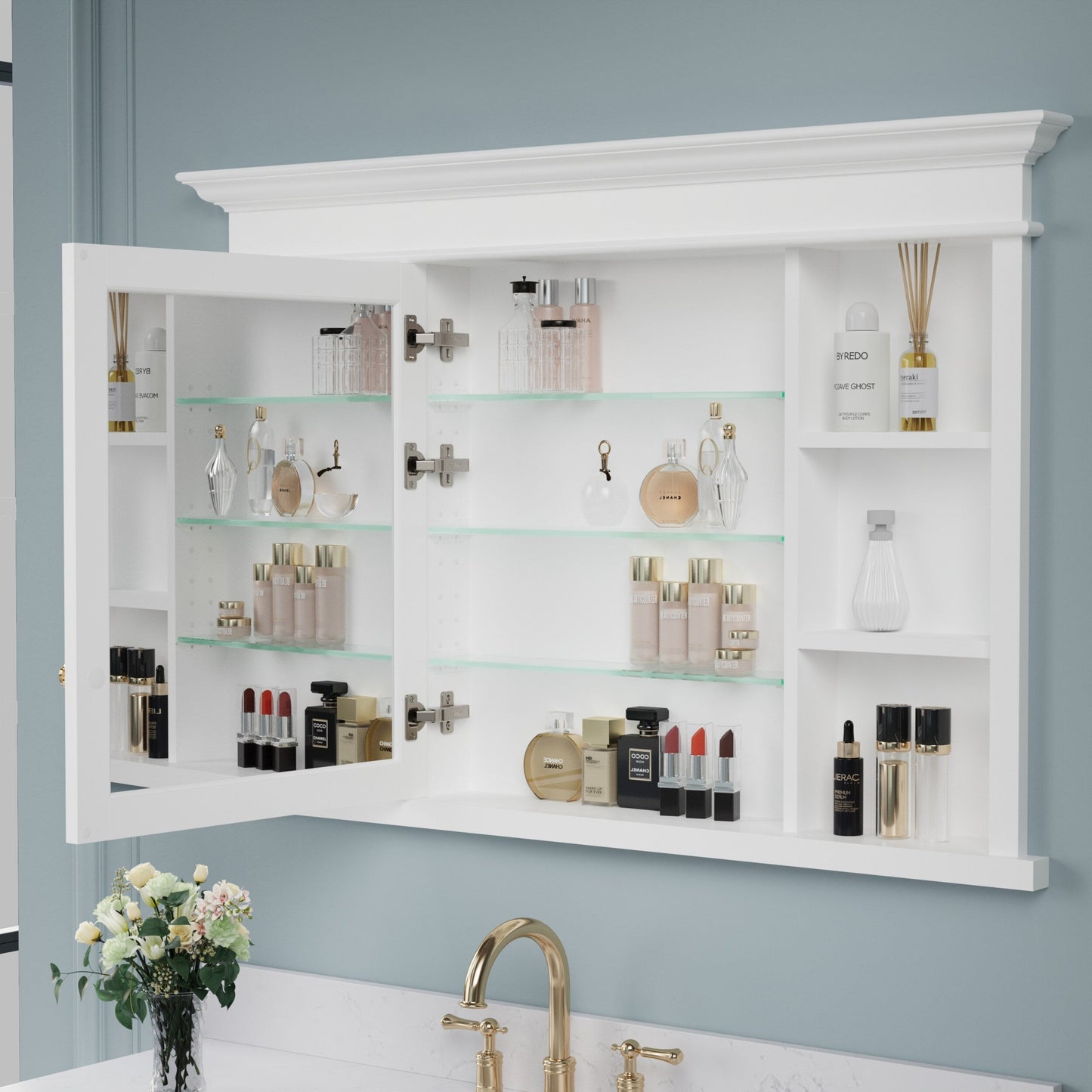 Forclover Solid Wood 48-in x 32-in Recessed Mount White Mirrored Soft Close Medicine Cabinet