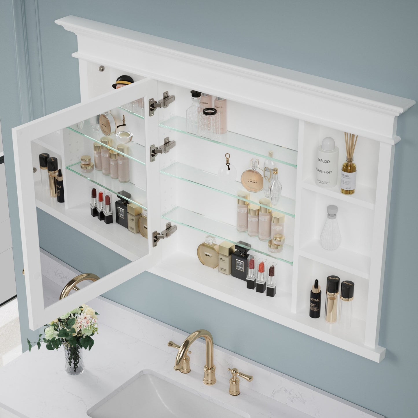 Forclover Solid Wood 48-in x 32-in Recessed Mount White Mirrored Soft Close Medicine Cabinet