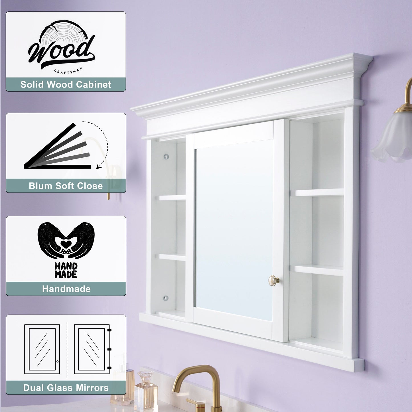 Forclover Solid Wood 48-in x 32-in Recessed Mount White Mirrored Soft Close Medicine Cabinet
