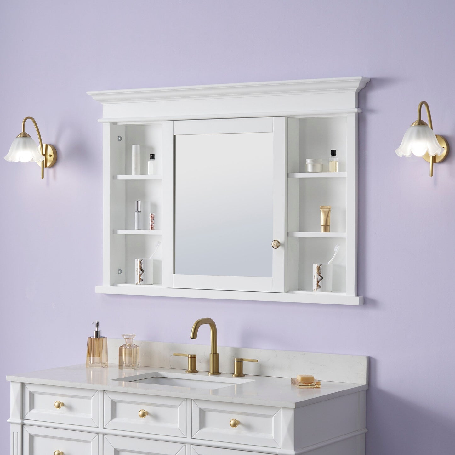 Forclover Solid Wood 48-in x 32-in Recessed Mount White Mirrored Soft Close Medicine Cabinet