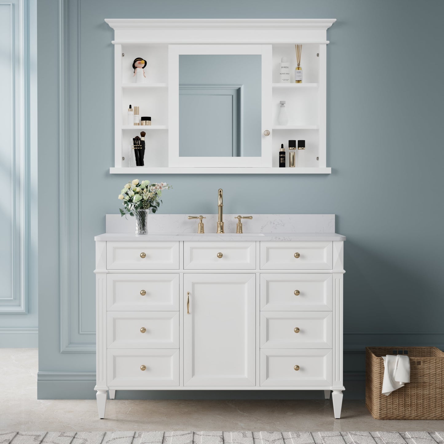 Forclover Solid Wood 48-in x 32-in Recessed Mount White Mirrored Soft Close Medicine Cabinet