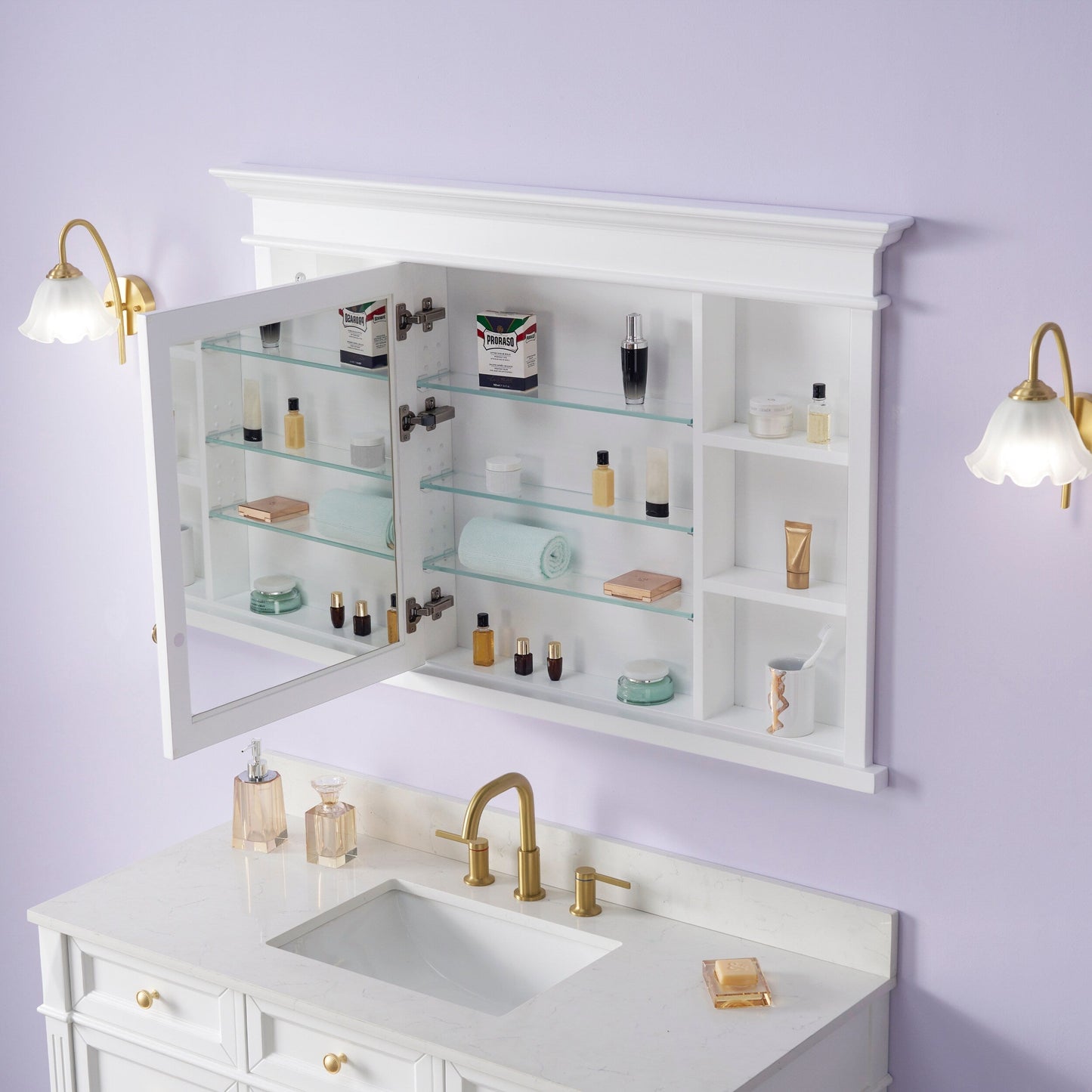 Forclover Solid Wood 48-in x 32-in Recessed Mount White Mirrored Soft Close Medicine Cabinet