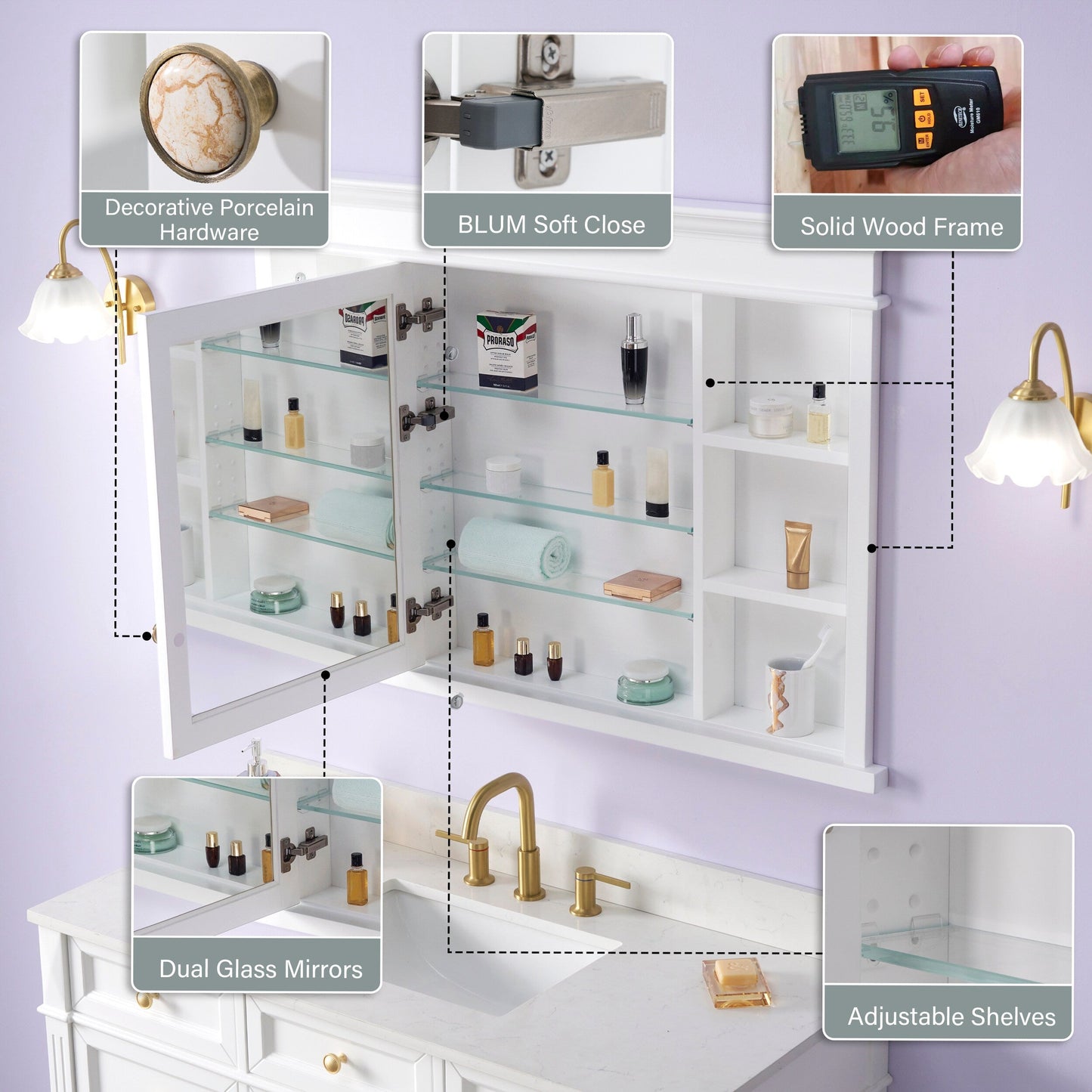 Forclover Solid Wood 48-in x 32-in Recessed Mount White Mirrored Soft Close Medicine Cabinet
