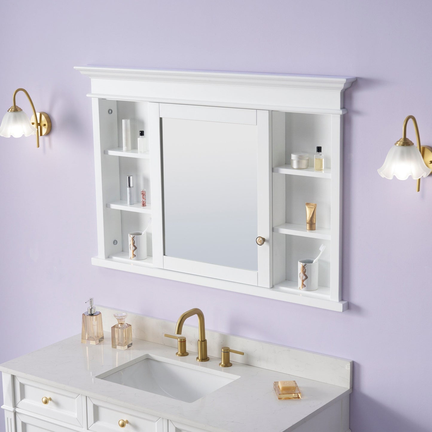 Forclover Solid Wood 48-in x 32-in Recessed Mount White Mirrored Soft Close Medicine Cabinet
