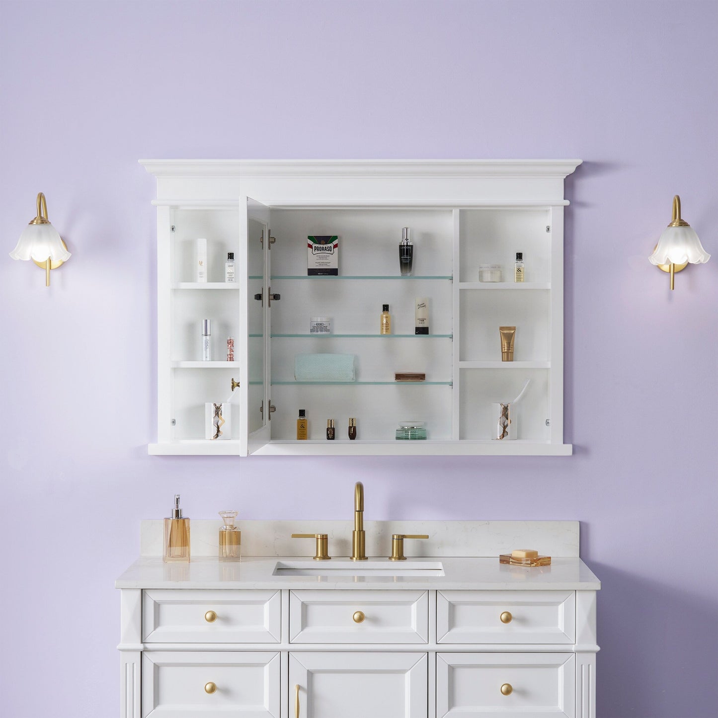 Forclover Solid Wood 48-in x 32-in Recessed Mount White Mirrored Soft Close Medicine Cabinet