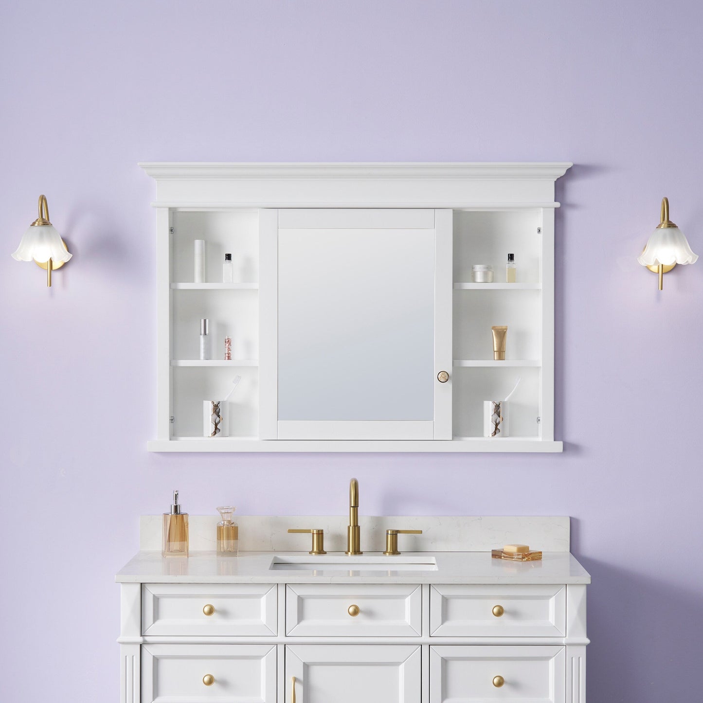 Forclover Solid Wood 48-in x 32-in Recessed Mount White Mirrored Soft Close Medicine Cabinet