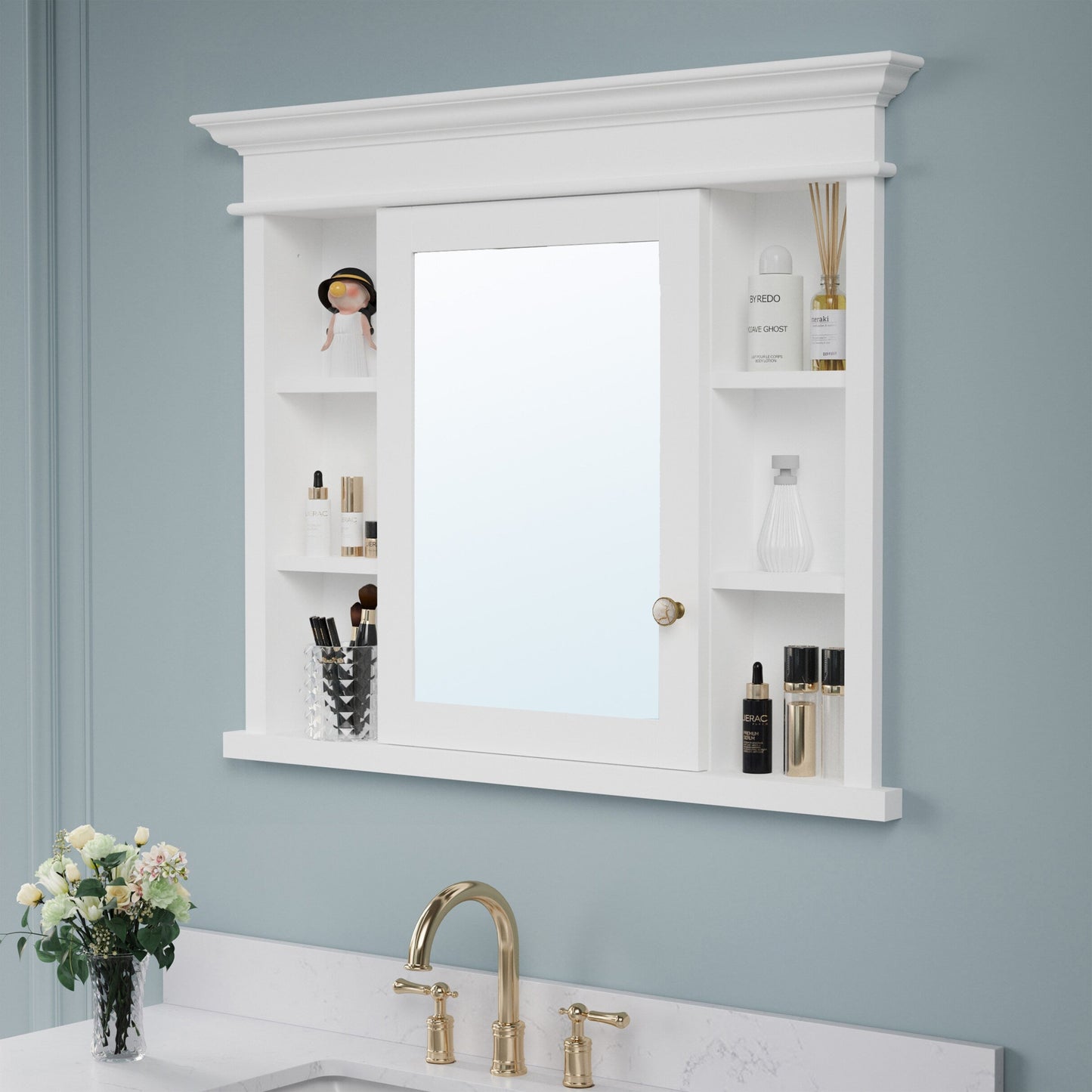 Forclover Solid Wood 40-in x 32-in Recessed Mount White Mirrored Soft Close Medicine Cabinet