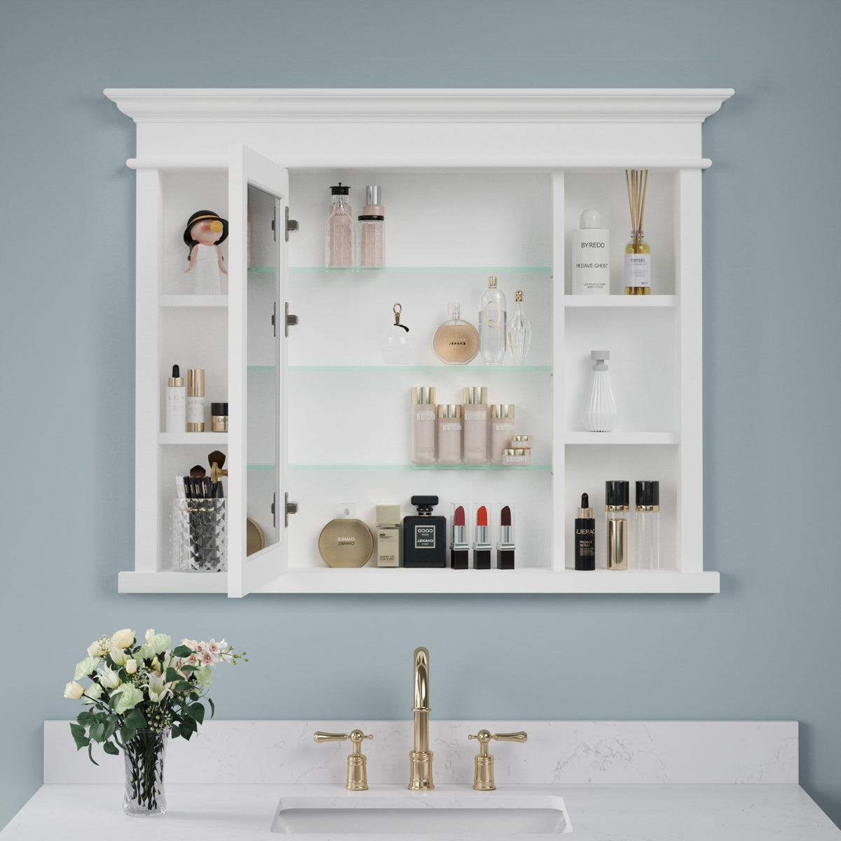 Forclover Solid Wood 40-in x 32-in Recessed Mount White Mirrored Soft Close Medicine Cabinet