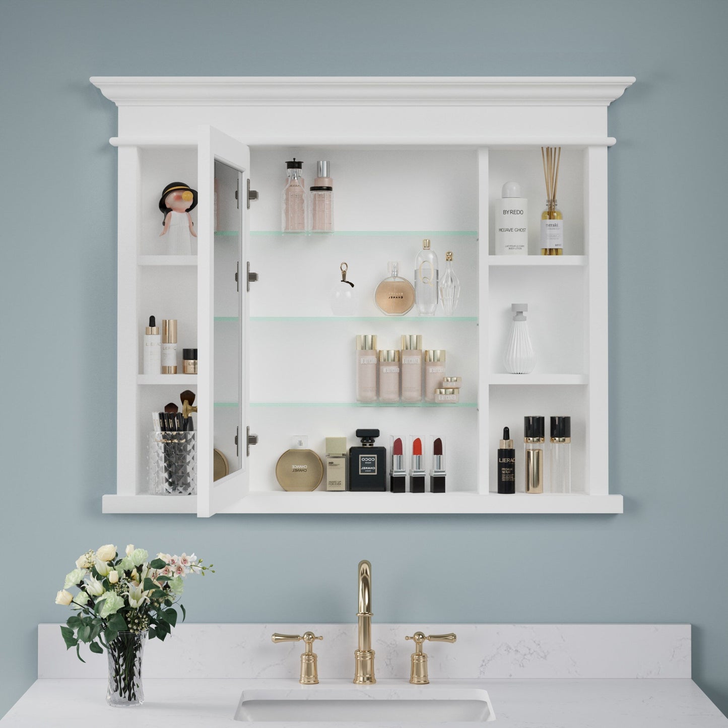 Forclover Solid Wood 40-in x 32-in Recessed Mount White Mirrored Soft Close Medicine Cabinet
