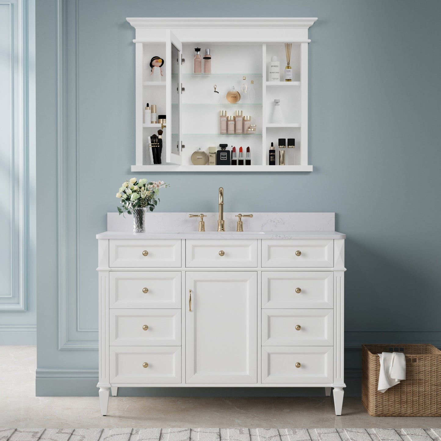 Forclover Solid Wood 40-in x 32-in Recessed Mount White Mirrored Soft Close Medicine Cabinet