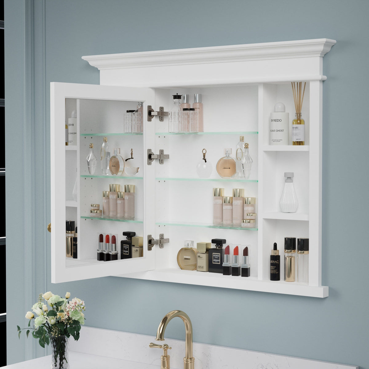 Forclover Solid Wood 40-in x 32-in Recessed Mount White Mirrored Soft Close Medicine Cabinet