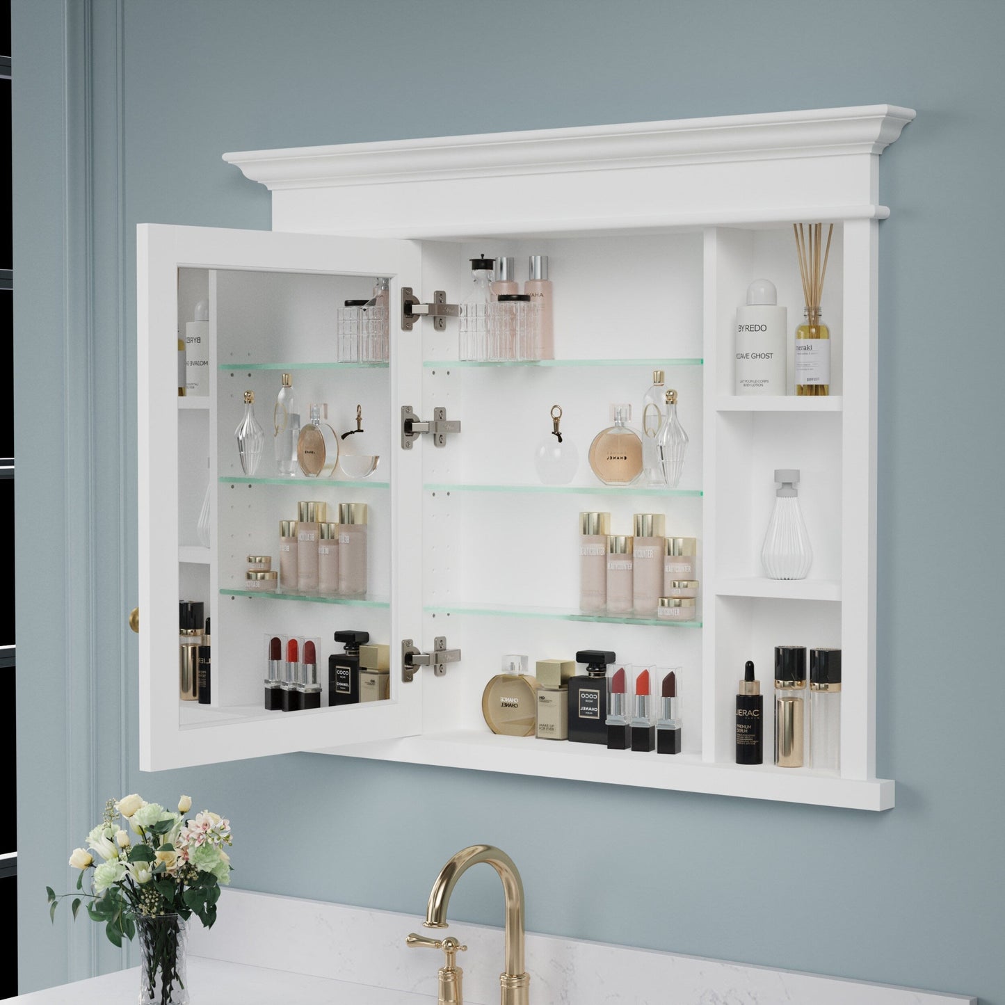 Forclover Solid Wood 40-in x 32-in Recessed Mount White Mirrored Soft Close Medicine Cabinet