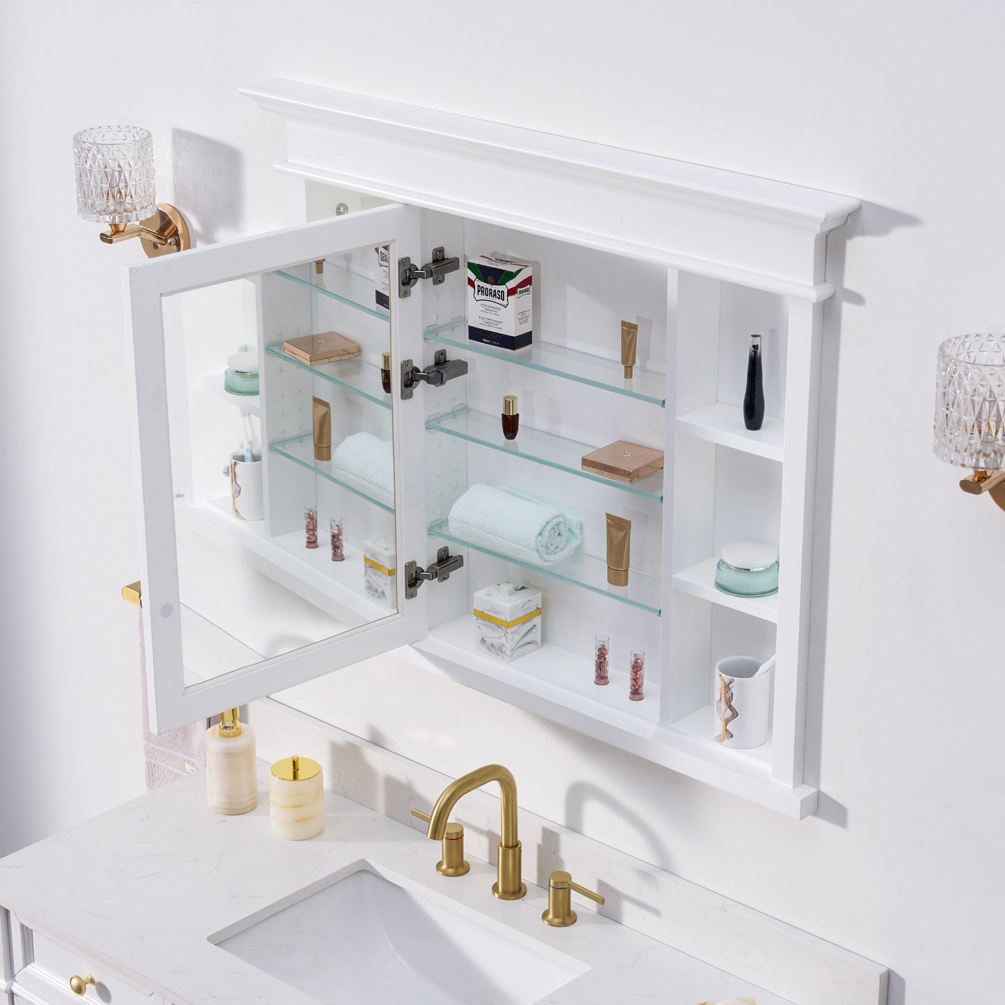 Forclover Solid Wood 40-in x 32-in Recessed Mount White Mirrored Soft Close Medicine Cabinet