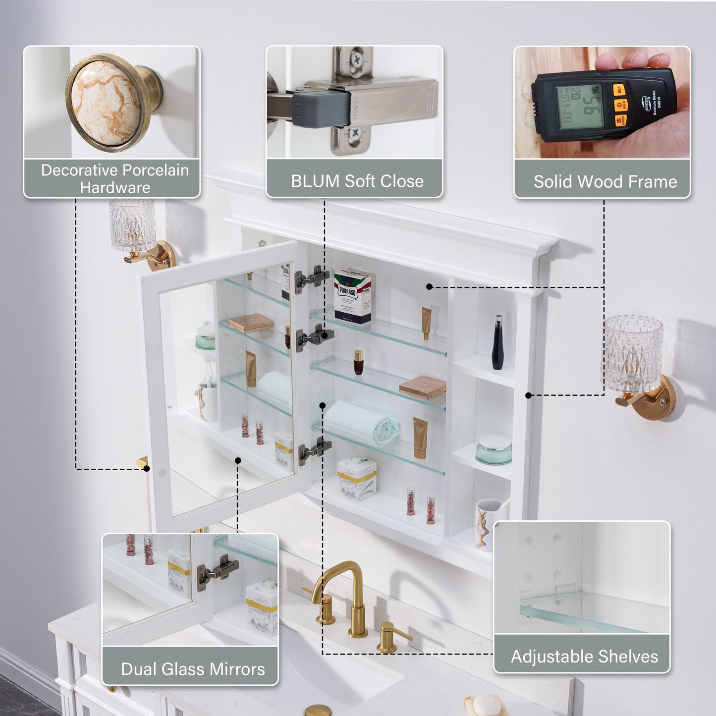Forclover Solid Wood 40-in x 32-in Recessed Mount White Mirrored Soft Close Medicine Cabinet