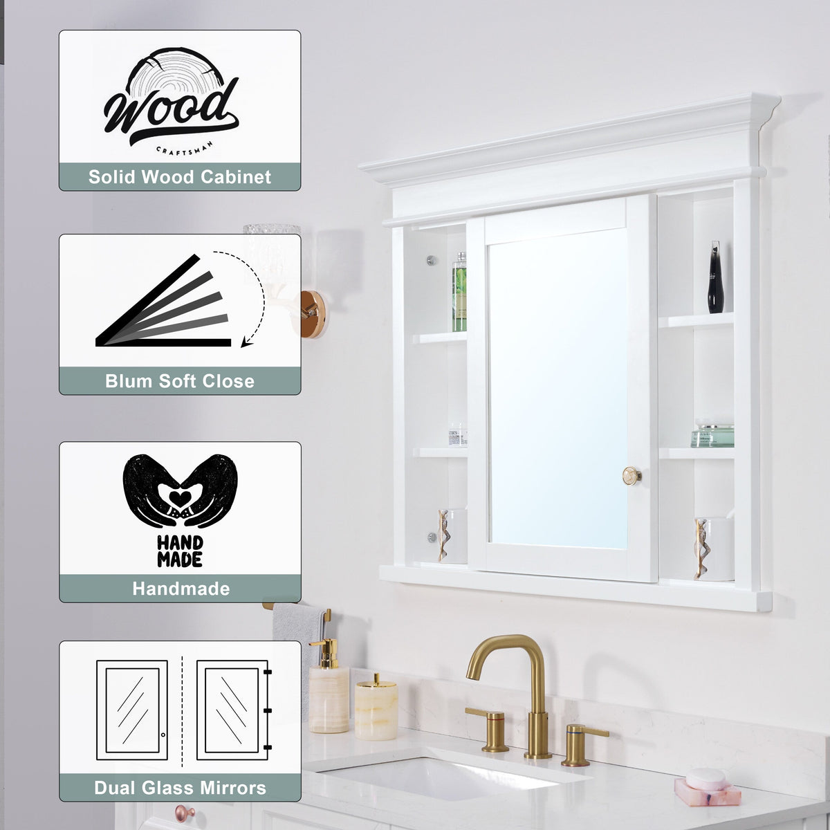 Forclover Solid Wood 40-in x 32-in Recessed Mount White Mirrored Soft Close Medicine Cabinet