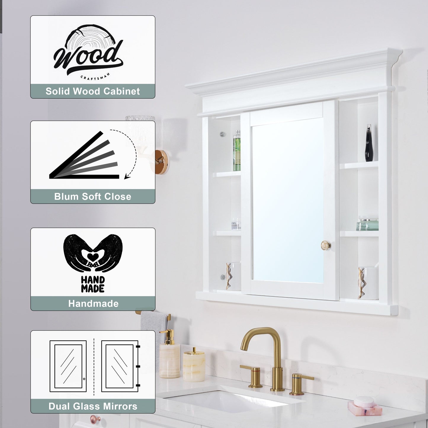Forclover Solid Wood 40-in x 32-in Recessed Mount White Mirrored Soft Close Medicine Cabinet