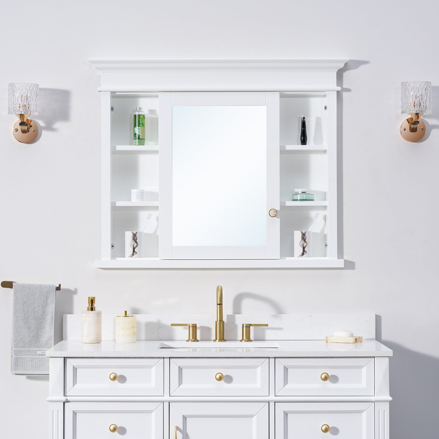 Forclover Solid Wood 40-in x 32-in Recessed Mount White Mirrored Soft Close Medicine Cabinet