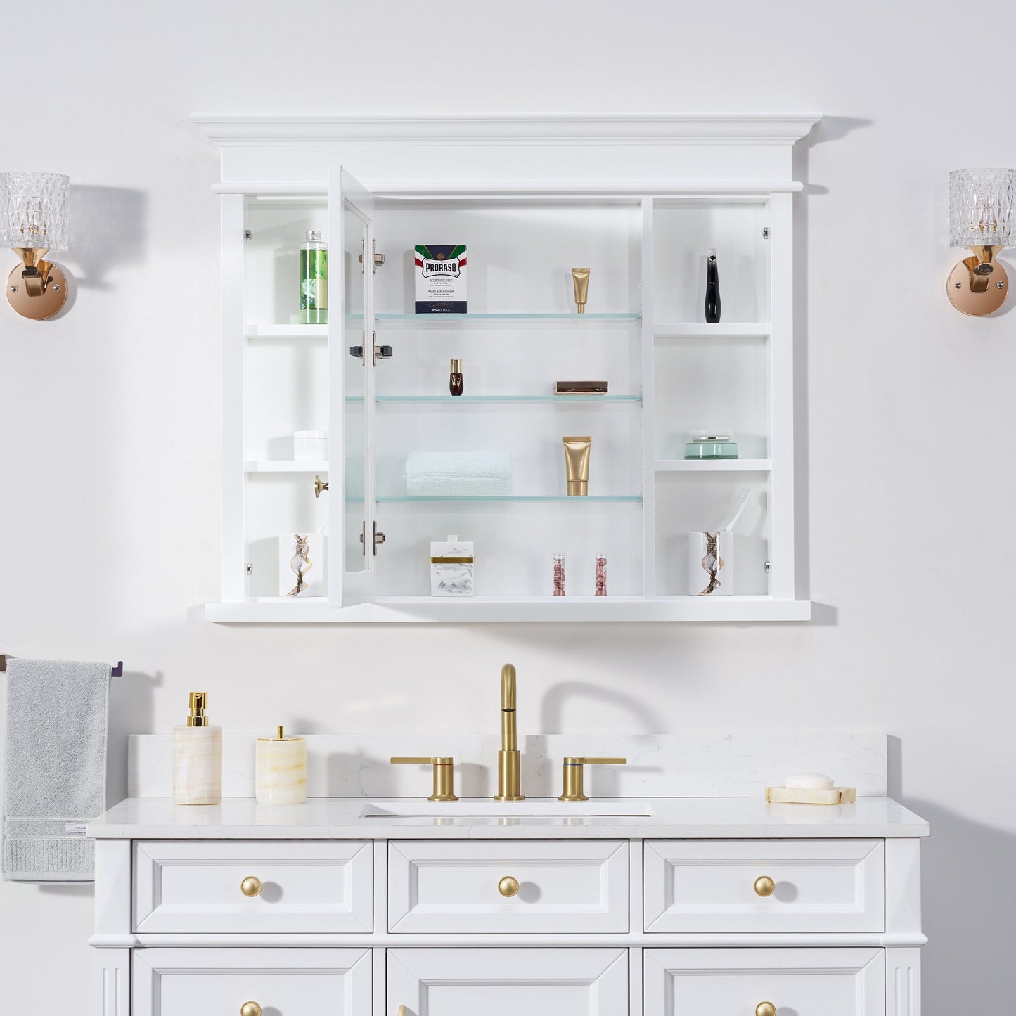 Forclover Solid Wood 40-in x 32-in Recessed Mount White Mirrored Soft Close Medicine Cabinet