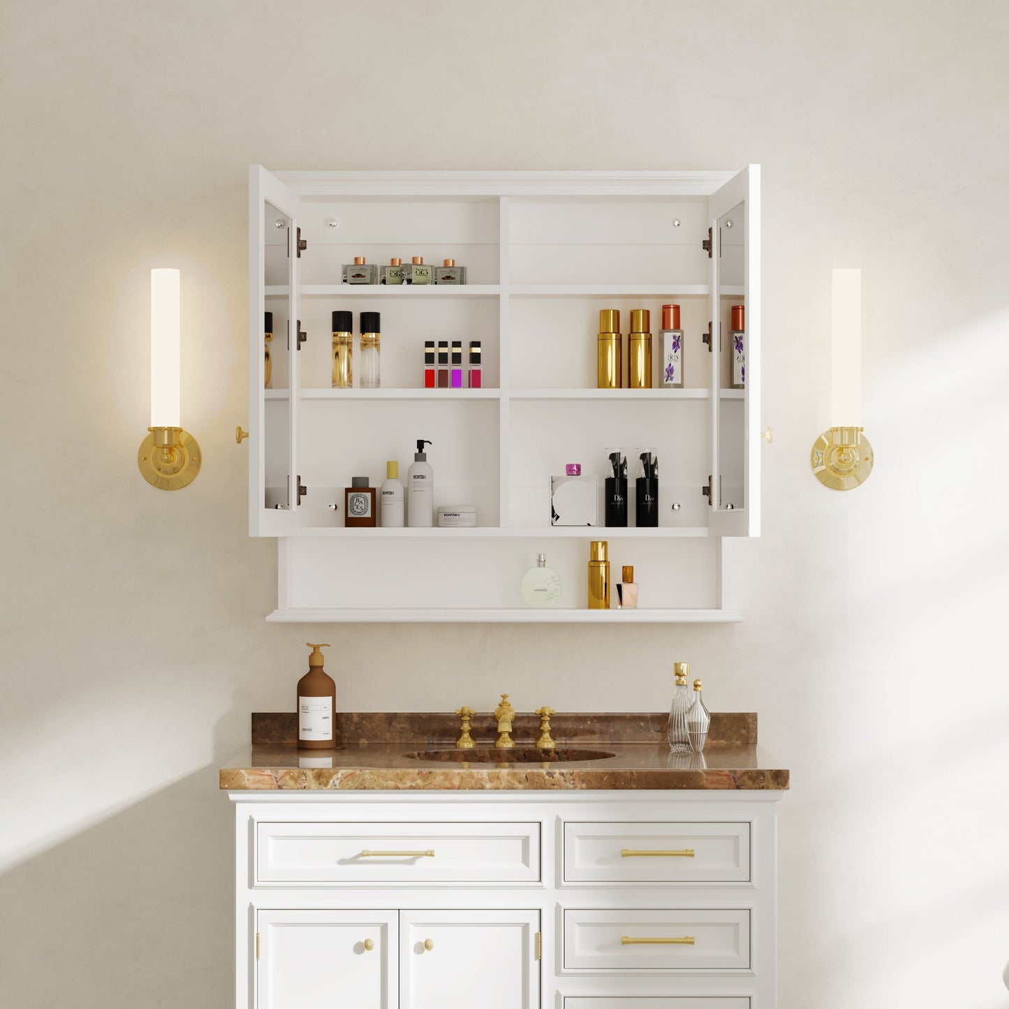 Forclover Solid Wood 36-in x 30-in Surface/Recessed Mount White Mirrored Soft Close Medicine Cabinet