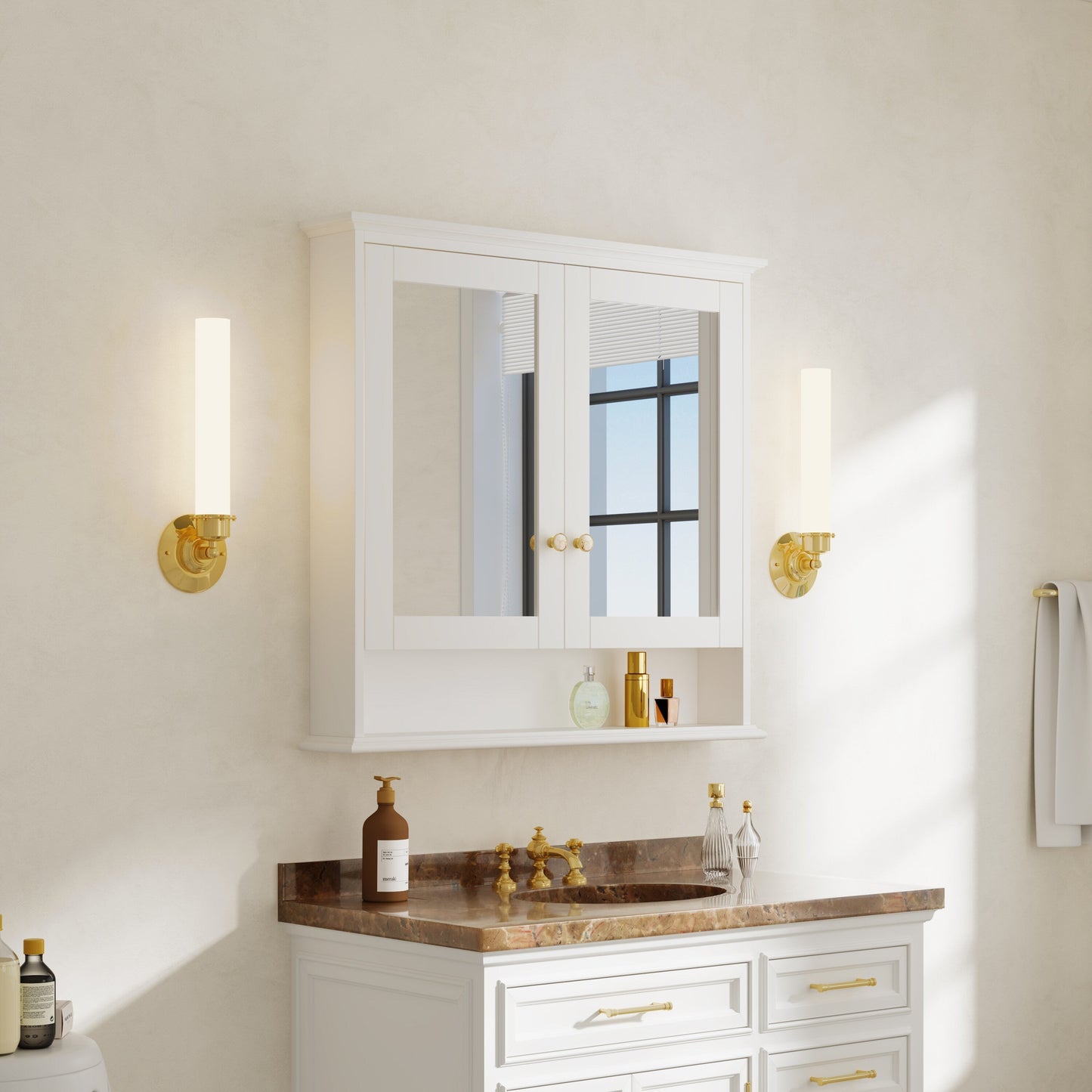 Forclover Solid Wood 36-in x 30-in Surface/Recessed Mount White Mirrored Soft Close Medicine Cabinet