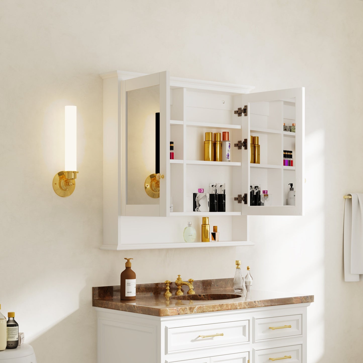 Forclover Solid Wood 36-in x 30-in Surface/Recessed Mount White Mirrored Soft Close Medicine Cabinet