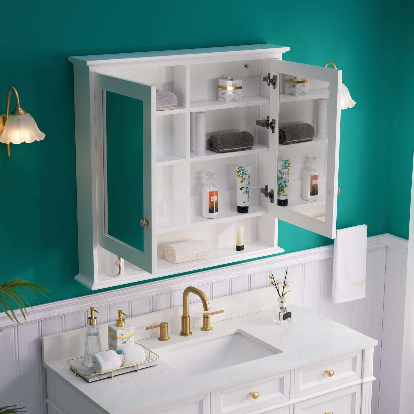 Forclover Solid Wood 36-in x 30-in Surface/Recessed Mount White Mirrored Soft Close Medicine Cabinet