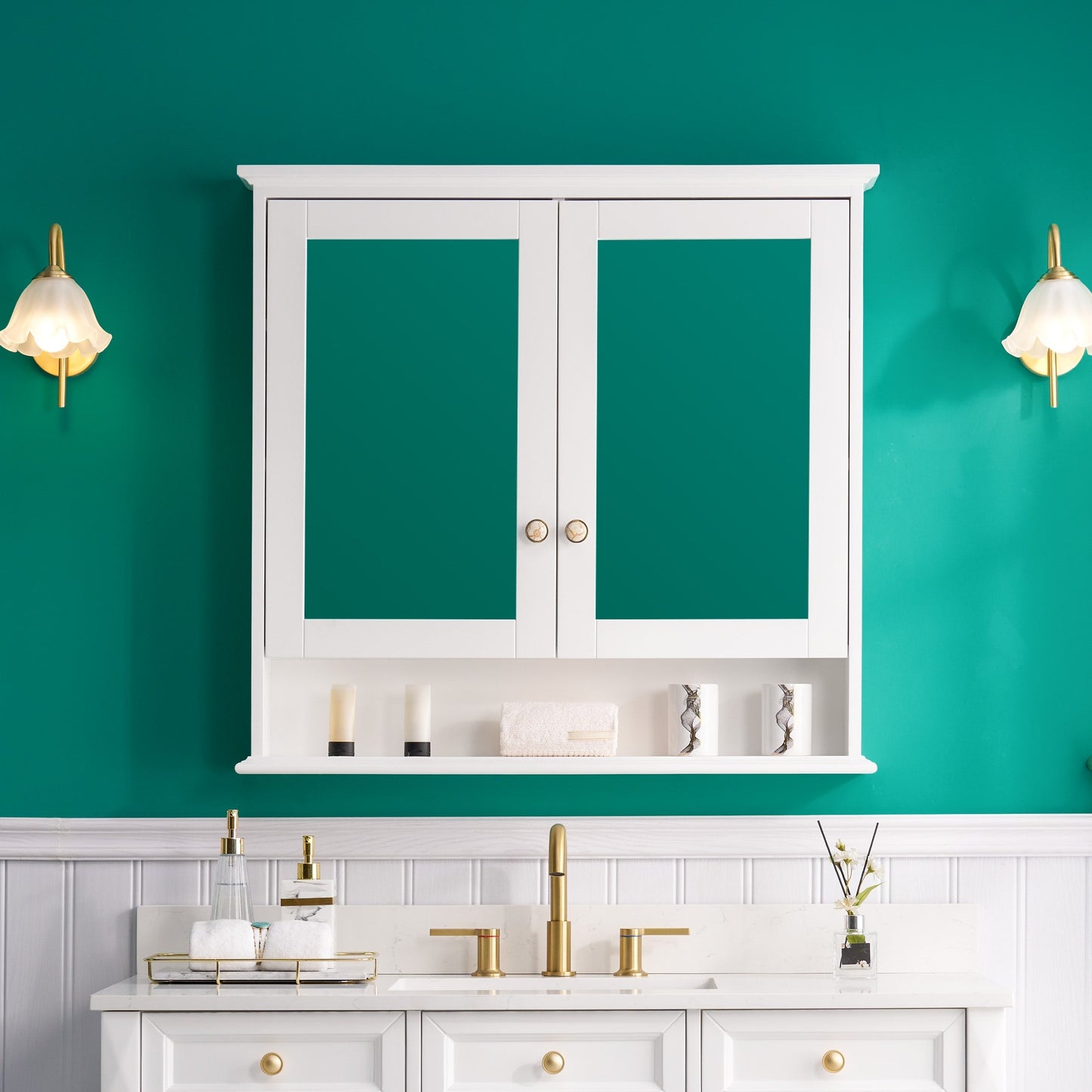 Forclover Solid Wood 36-in x 30-in Surface/Recessed Mount White Mirrored Soft Close Medicine Cabinet