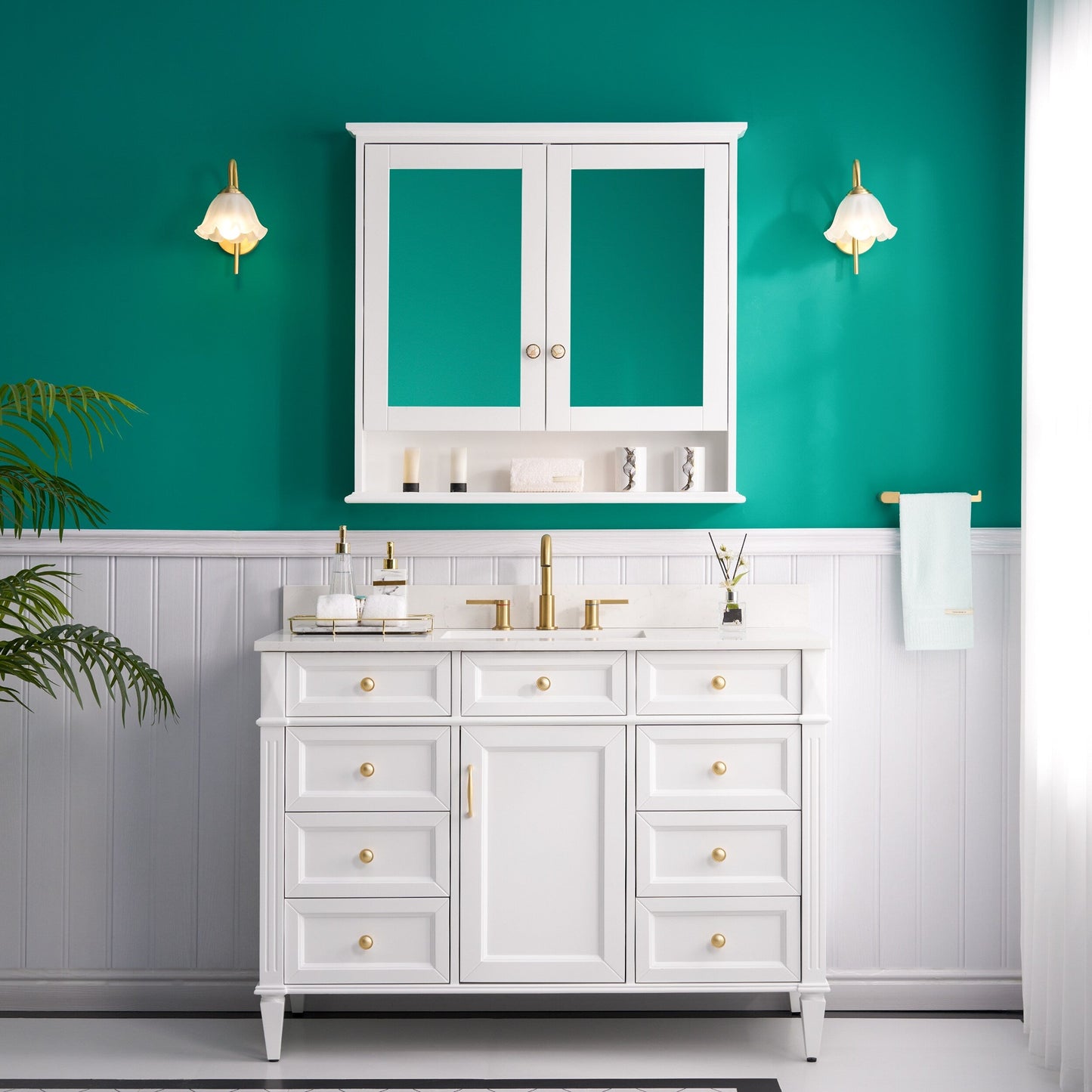 Forclover Solid Wood 36-in x 30-in Surface/Recessed Mount White Mirrored Soft Close Medicine Cabinet