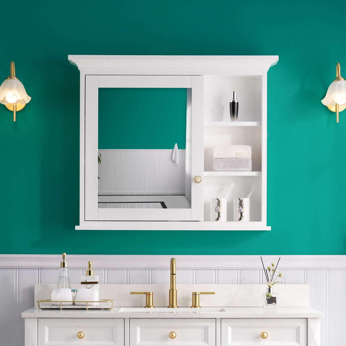 Forclover Solid Wood 36-in x 30-in Lighted Surface Mount White Mirrored Soft Close Medicine Cabinet