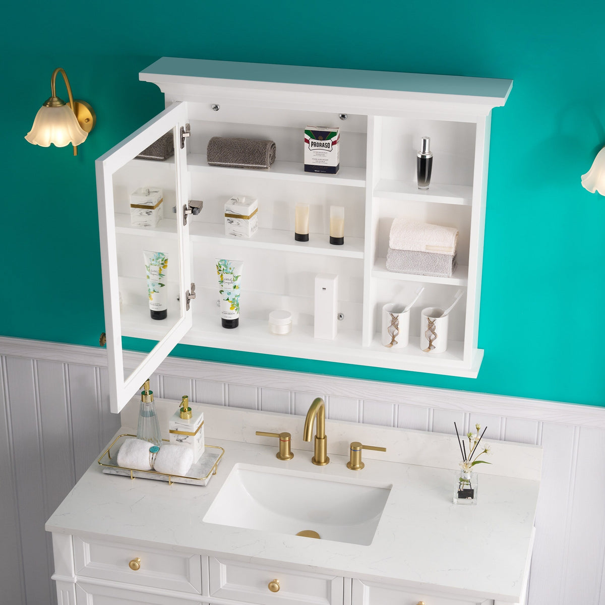 Forclover Solid Wood 36-in x 30-in Lighted Surface Mount White Mirrored Soft Close Medicine Cabinet