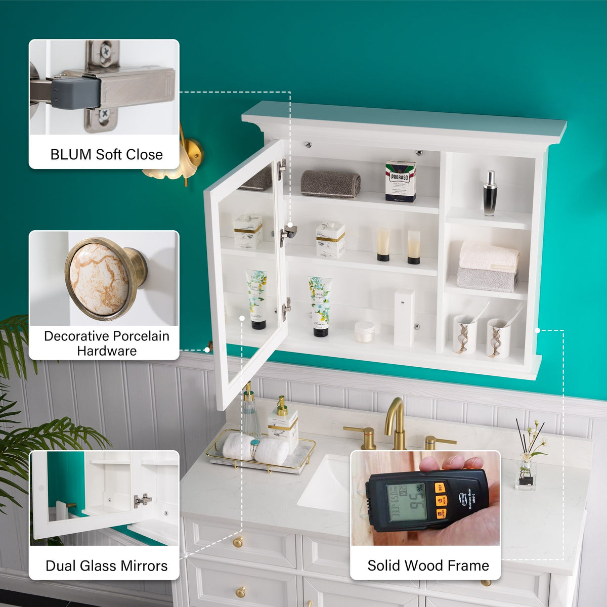 Forclover Solid Wood 36-in x 30-in Lighted Surface Mount White Mirrored Soft Close Medicine Cabinet