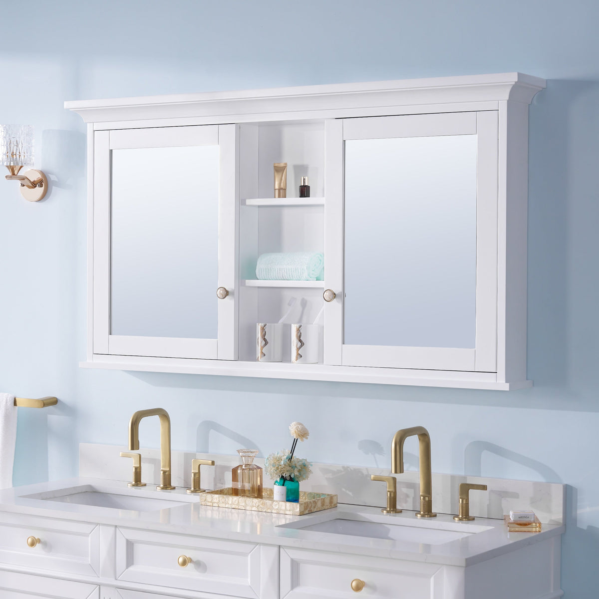 Forclover Solid Wood 55-in x 30-in Lighted Surface Mount White Mirrored Soft Close Medicine Cabinet