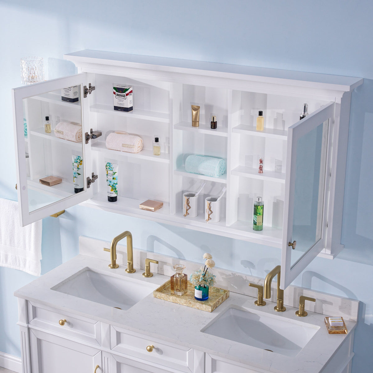 Forclover Solid Wood 55-in x 30-in Lighted Surface Mount White Mirrored Soft Close Medicine Cabinet