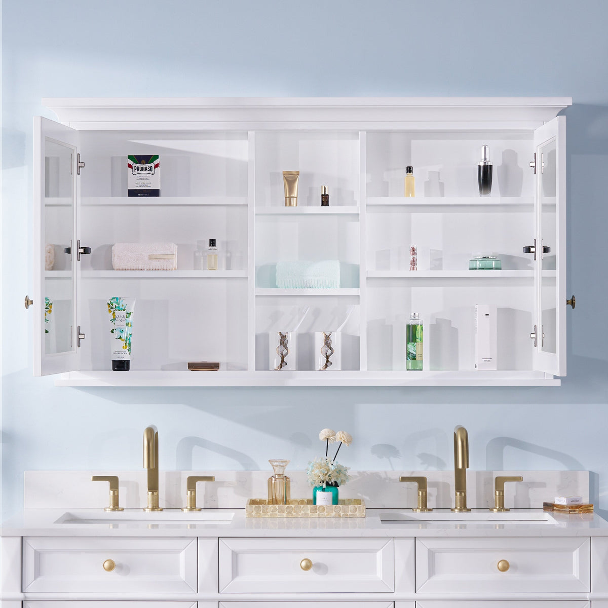 Forclover Solid Wood 55-in x 30-in Lighted Surface Mount White Mirrored Soft Close Medicine Cabinet
