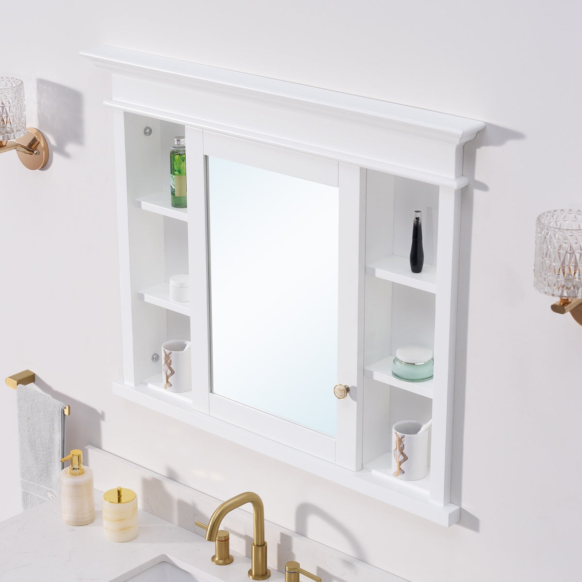 WELLFOR GRACE Solid Wood 40-in x 32-in Recessed Mount White Mirrored Soft Close Medicine Cabinet