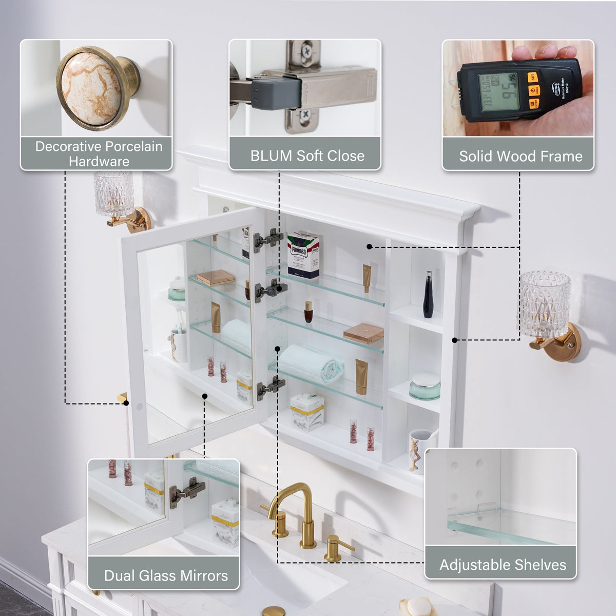 WELLFOR GRACE Solid Wood 40-in x 32-in Recessed Mount White Mirrored Soft Close Medicine Cabinet
