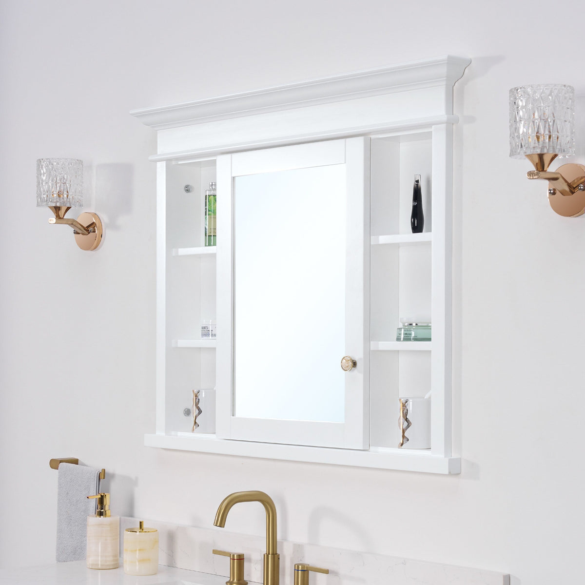 WELLFOR GRACE Solid Wood 40-in x 32-in Recessed Mount White Mirrored Soft Close Medicine Cabinet