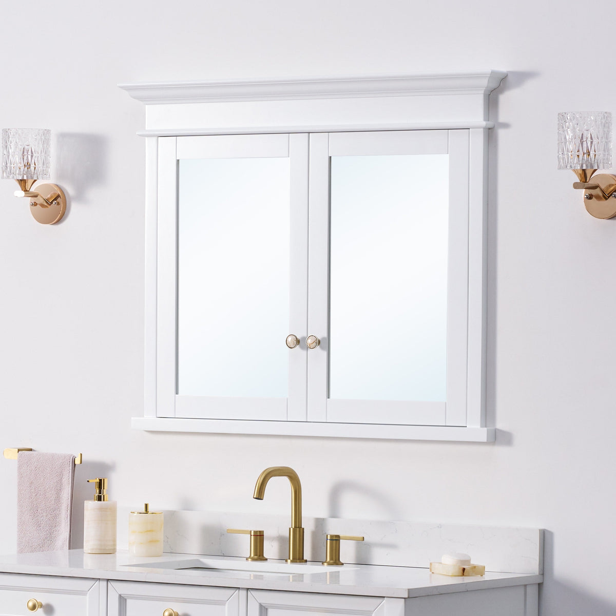 WELLFOR GRACE Solid Wood 40-in x 32-in Recessed Mount White Mirrored Soft Close Medicine Cabinet