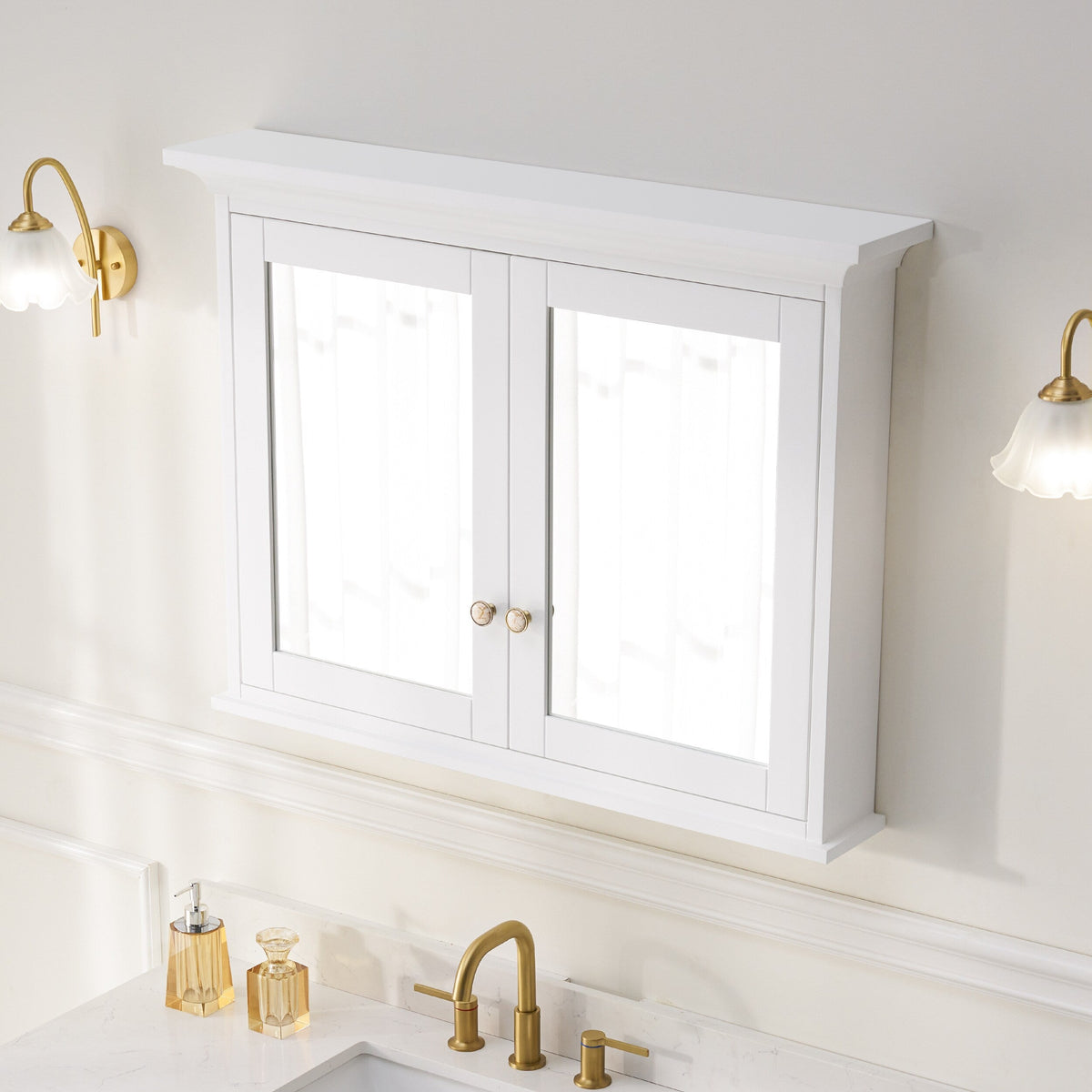 WELLFOR GRACE Solid Wood 40-in x 30-in Surface Mount White Mirrored Soft Close Medicine Cabinet